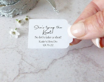 She's Tying The Knot, Let's Take A Shot Personalised Hen Party Tags - Size small  3x4.5cm