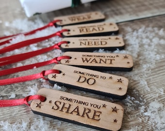 Christmas Gift Tags, Something You Want Gift Tags, Set Of 6 Something To Christmas Gift Tags, Oblong Wooden Gift Tags
