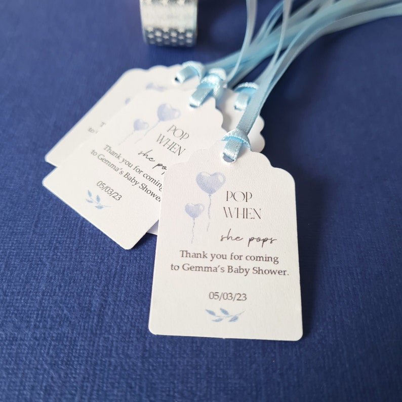 Blue Baby Shower Tags, Baby Boy Baby Favour Tags, Personalised Bottle Tags, Blue Balloon Design, Size small 3x4.5cm image 1