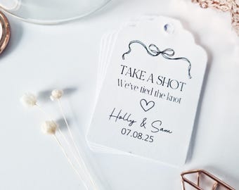 Take A shot Tags, Alcohol Favour Tags, Shot Favour Tags, Personalised Wedding Tags, Black Bow And Heart Design - Size small  3x4.5cm