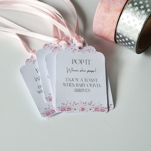 Personalised Miniature Bottle Tags, Baby Shower Tags, Baby Girl Baby Favour Tags, Pink Blossom Design, Size small  3x4.5cm