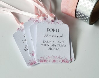 Personalised Miniature Bottle Tags, Baby Shower Tags, Baby Girl Baby Favour Tags, Pink Blossom Design, Size small  3x4.5cm