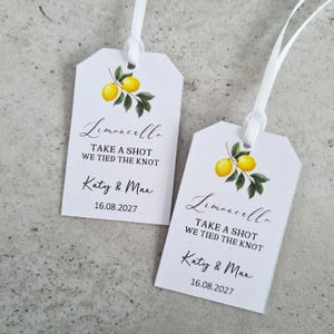 May include: Two white rectangular gift tags with rounded top corners and white ribbon loops. Each tag features a watercolour lemon illustration, the text Limoncello, TAKE A SHOT WE TIED THE KNOT, the names Katy & Max, and the date 16.08.2027.