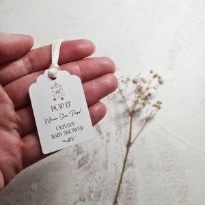 Personalised Baby Shower Favour Tags With Baby Mobile Pop It When She Pops White Tags Size small  3x4.5cm