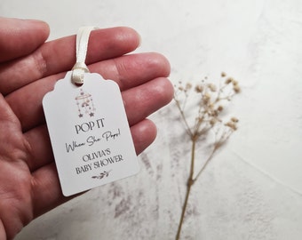 Personalised Baby Shower Favour Tags With Baby Mobile Pop It When She Pops White Tags Size small  3x4.5cm