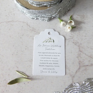 Sugared Almonds Favour Tags, Italian Wedding Tradition Favour Tags, Jordan Almonds - Olive Branch Design - Size small  3x4.5cm