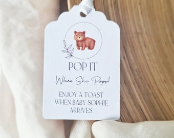 Baby Shower Favour Tags, Personalised Baby Shower Pop It Tags With Bear Design White Tags Size small  3x4.5cm