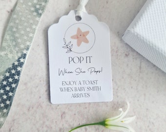 Baby Shower Favour Tags, Personalised Baby Shower Pop It Tags With Star Design White Tags Size small  3x4.5cm