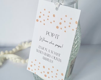 When She Pops Tags, Personalised Baby Shower Favour Tags With Spotty Design - Size Large 5 x 8.5cm