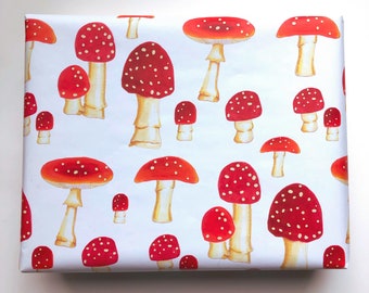 Mushroom Study Gift Wrap Sheet 29 x 20 inches, Retro Christmas Holiday Unique Pretty Cute Wrapping Paper Woodland Folk, Hygge Gift