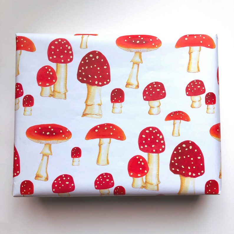 Mushroom Study Gift Wrap Sheet 29 x 20 inches, Retro Christmas Holiday Unique Pretty Cute Wrapping Paper Woodland Folk, Hygge Gift 