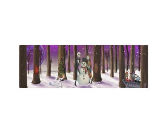 Jack and Sally with Snowman Forest Scene Metal Art Sign | Winter Snowy Trees Decor