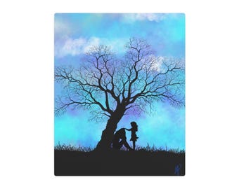 Silhouette Tree with Girl Metal Art Sign | Blue Sky Landscape by Artist Michael Prosper