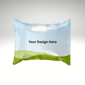 May include: A rectangular, sealed package with a light blue sky design and a green grassy bottom. The text "Your Design Here" is printed in black across the center of the package. The package is designed to hold a product.