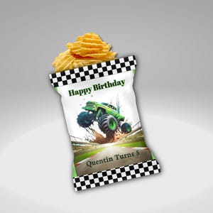 May include: A bag of ruffled potato chips with a black and white checkered top. The bag features a green monster truck graphic with the text "Happy Birthday" and "Quentin Turns 5".