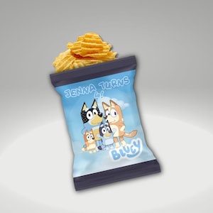 Sacchetti per patatine Bluey - Pacchetto sacchetti per patatine Bluey - Decorazioni per feste Bluey - Sacchetti per patatine personalizzati (Quantità: 12)