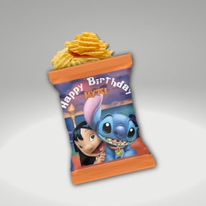 May include: A bag of ruffled potato chips with a cartoon image of Stitch and Lilo. The bag has the words "Happy Birthday MYA!" printed on it. The bag is orange and blue.