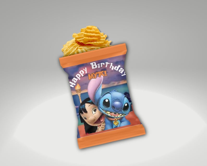 May include: A bag of ruffled potato chips with a cartoon image of Stitch and Lilo. The bag has the words "Happy Birthday MYA!" printed on it. The bag is orange and blue.