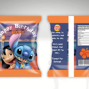 May include: Orange and blue chip bag featuring the characters Lilo and Stitch with the text "Happy Birthday Mya!". The back of the bag has text and a hibiscus flower graphic. The bag is designed for a birthday celebration.