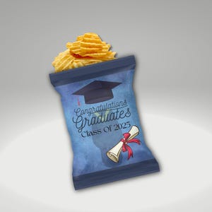 Blue Graduation Chip Bags – Cap & Gown Silhouette with Scroll – Congrats Graduates Class of 2025 Party Favors (Qty: 12)