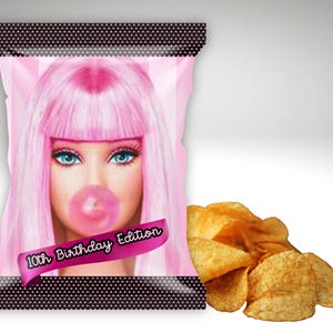 Sacchettini per patatine Barbie Glam – Motivo a righe rosa e gomma da masticare – Bomboniere per feste di compleanno (quantità: 12)