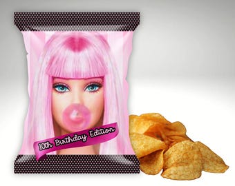 Doll Theme Birthday Chip Bags – Pink Stripes, Bubble Gum – Party Favors (Set of 12)
