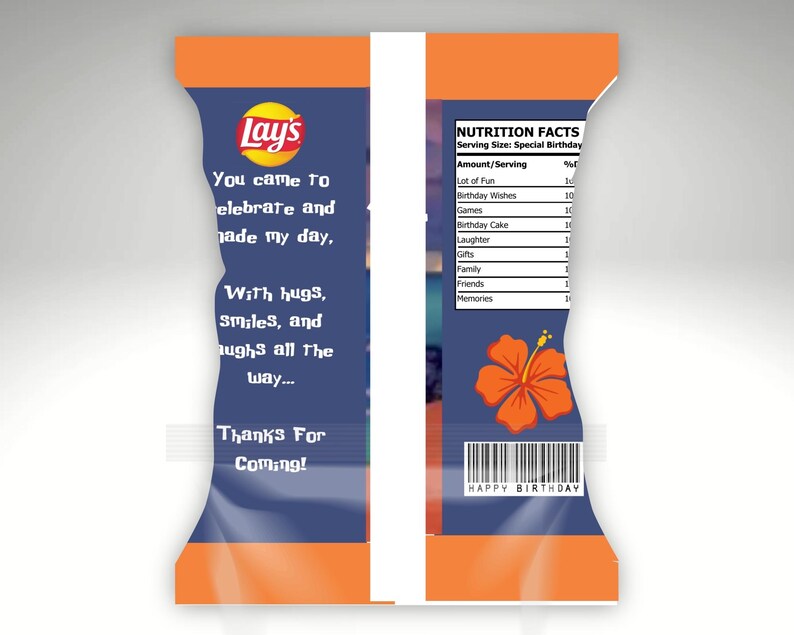 May include: A Lay's potato chip bag with a birthday theme. The bag has a blue background with orange accents and text that reads "You came to celebrate and made my day." An orange hibiscus flower is featured.