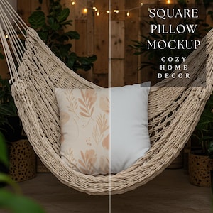 May include: A square pillow mockup with a floral design on one side and a blank white side. The pillow is displayed in a woven hammock. The text on the image reads "SQUARE PILLOW MOCKUP COZY HOME DECOR."