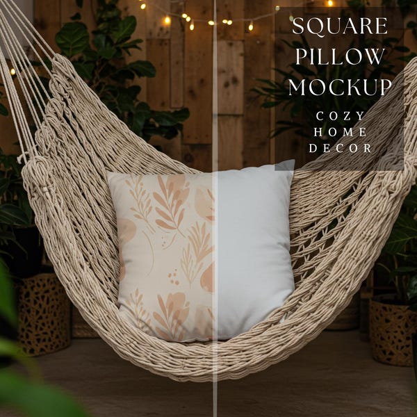 Square Pillow Mockup |Cozy Home Decor |Modern Living Room Decor |Customizable Pillow Designs |Eco Living Decor |300 DPI HQ PNG Mockup