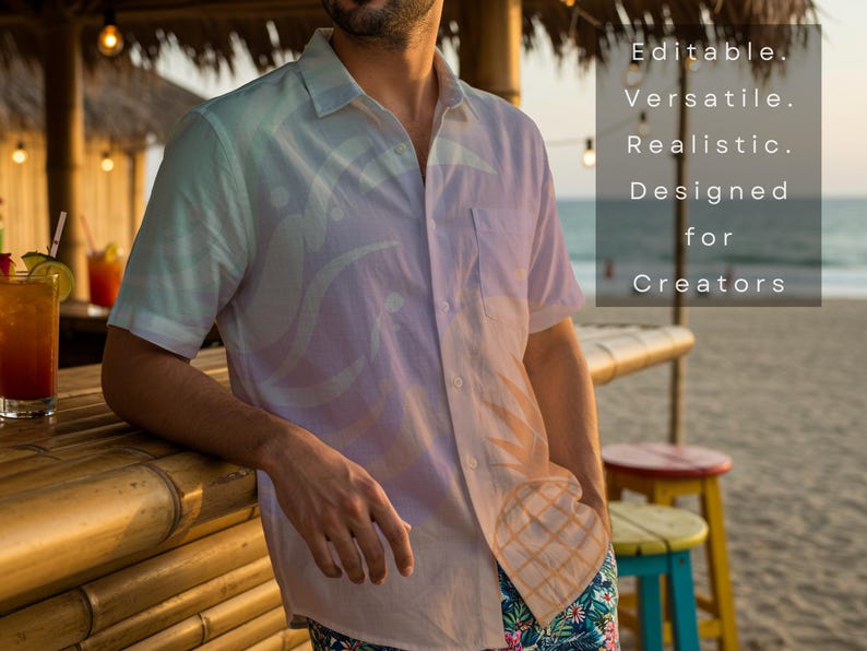 May include: A short-sleeved button-down shirt in pastel colors with a subtle pattern. The shirt is worn with floral print shorts. The image includes the text: Editable. Versatile. Realistic. Designed for Creators.
