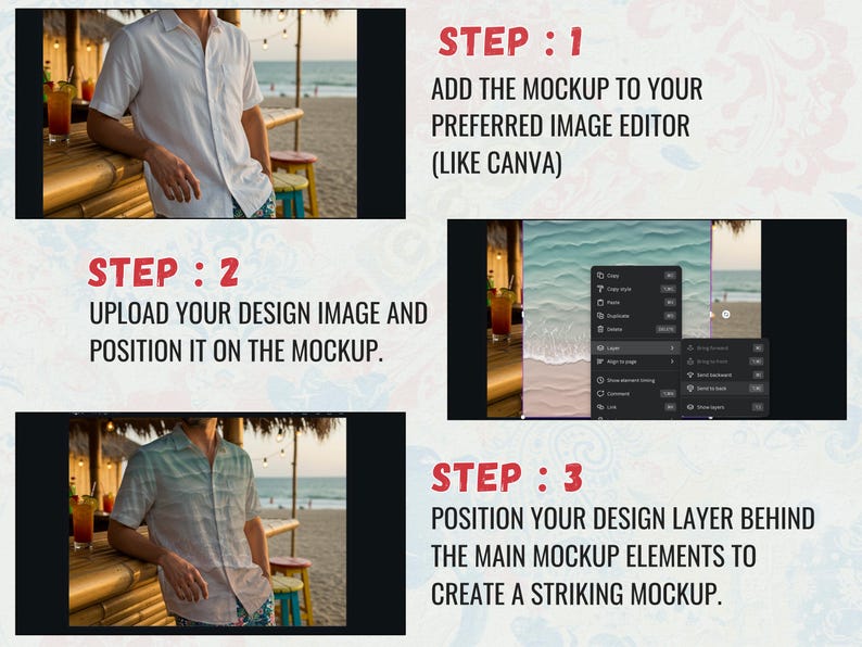 Pu&ograve; includere: Immagine che mostra una guida passo passo per creare un mockup utilizzando un editor di immagini. I passaggi includono l'aggiunta del mockup, il caricamento di un design e il posizionamento del livello di design. Una persona indossa una camicia bianca.