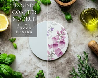 Round Coaster Mockup | Home Decor Mockup | Kitchen Inspired Design | Customizable Coaster Design | Coastal Decor | 300 DPI HQ PNG Mockup