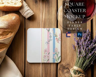 Mockup för fyrkantigt underlägg | Design av middagsbord | Mockup för kaffeunderlägg | Anpassningsbar underläggsdesign | Sublimeringsunderlägg | 300 dpi HQ PNG & PSD