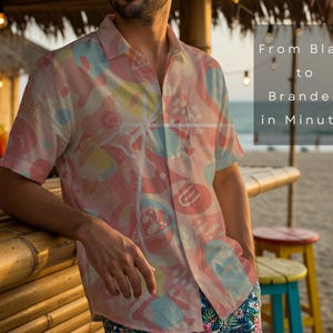 May include: A short-sleeved button-down shirt with a colorful pattern of pink, blue, and yellow shapes. The shirt is worn by a person leaning on a bamboo bar. The text "From Blank to Branded in Minutes" is overlaid on the image.