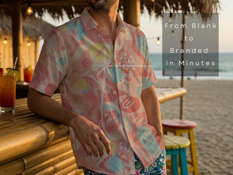 May include: A short-sleeved button-down shirt with a colorful pattern of pink, blue, and yellow shapes. The shirt is worn by a person leaning on a bamboo bar. The text "From Blank to Branded in Minutes" is overlaid on the image.