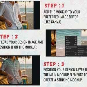 May include: Image showing a step-by-step guide for creating a mockup using an image editor like Canva. The steps include adding the mockup, uploading a design, and positioning the design layer. The image features a person wearing a white shirt.