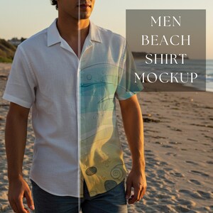 Pu&ograve; includere: Un mockup di camicia da spiaggia a maniche corte. La camicia &egrave; divisa a met&agrave;, con il lato sinistro bianco e il lato destro con un design blu, giallo e verde. Il testo "MEN BEACH SHIRT MOCKUP" &egrave; in una casella.