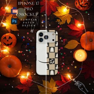 May include: A smartphone case featuring a split design with a solid white left side and a right side displaying a beige and black checkerboard pattern with small white ghost illustrations. The text IPHONE 17 PRO MOCKUP PUMPKIN PATCH DESIGN is visible.