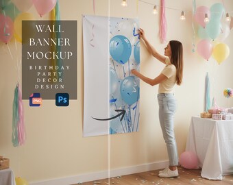Large Banner Mockup |Birthday Party Decor Design |Wall Flag Template |Customizable Banner |Tapestry Banner Mockup |300 dpi HQ PNG & PSD