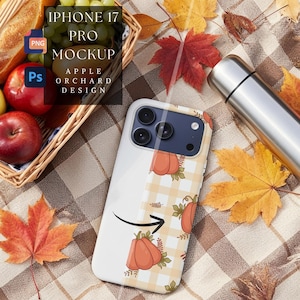 iPhone 17 Pro (blått) skal Mockup | Äppelträdgårdsdesign | Höstinspirerad Mockup | iPhone 17 höstsäsongstelefonskal | Höstvibbar | HQ PNG & PSD