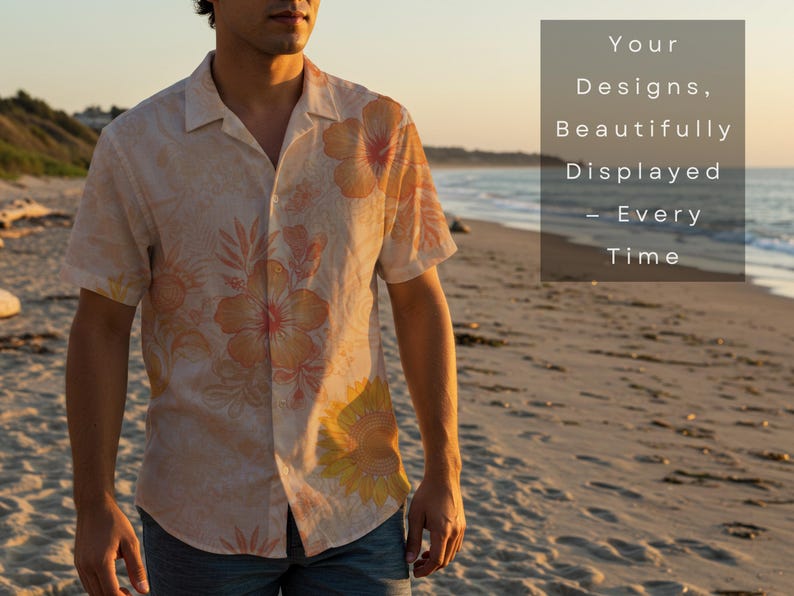 Pu&ograve; includere: Camicia a maniche corte con motivo floreale nei toni dell'arancione e del giallo. La camicia &egrave; indossata su una spiaggia. Il testo a destra dice: "I tuoi design, splendidamente esposti - Ogni volta".