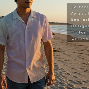 Pu&ograve; includere: Una camicia a maniche corte con bottoni dai colori pastello, con un motivo sottile. La camicia &egrave; indossata su una spiaggia, con testo sul lato destro: Editable. Versatile. Realistic. Designed for Creators.