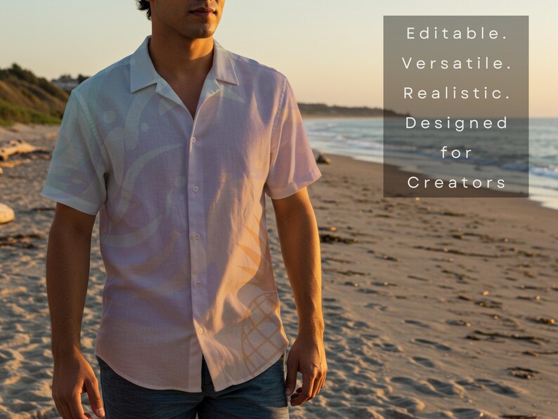 Pu&ograve; includere: Una camicia a maniche corte con bottoni dai colori pastello, con un motivo sottile. La camicia &egrave; indossata su una spiaggia, con testo sul lato destro: Editable. Versatile. Realistic. Designed for Creators.
