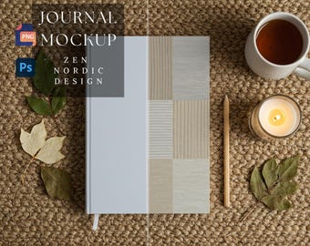 Hardcover Journal Mockup | Zen Nordic Design | Notebook Mockup | Japandi Design |Full Wraparound Print Journal Mockup |300 dpi HQ PNG & PSD