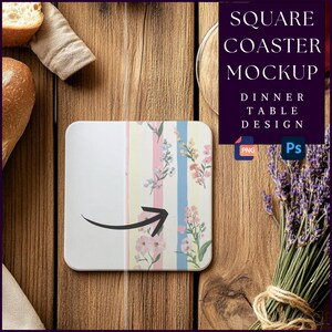 May include: A square coaster featuring a white left side and a right side decorated with vertical pastel stripes and delicate floral illustrations. A black curved arrow points towards the floral pattern on the coaster surface.