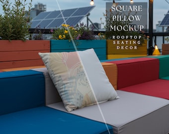 Square Pillow Mockup |Rooftop Seating Decor |Outdoor Patio Decor |Customizable Pillow Designs |Eco Living Decor |300 DPI HQ PNG Mockup