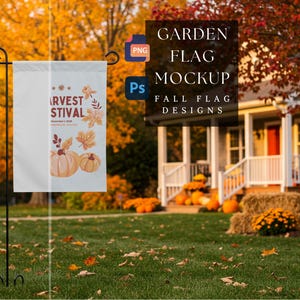 Garden Flag Mockup |Fall Season Flag Design |Yard Flag Template |Customizable Garden Banner |House Sign Flag Mockup |300 dpi HQ PNG & PSD