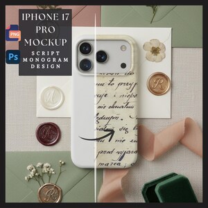 May include: A split-view iPhone 17 Pro phone case mockup featuring a solid white side and a side with vintage-style cursive script text. The design includes a triple-lens camera cutout and a black arrow graphic pointing across the phone case surface.