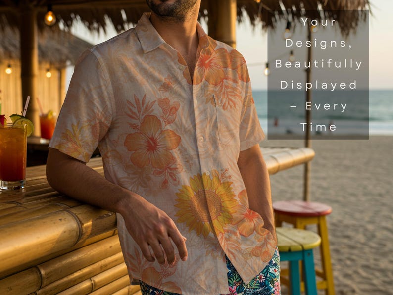 May include: A light beige button-down shirt with a floral pattern in shades of orange and yellow. The shirt is worn by a person leaning on a bamboo bar. The text on the right says "Your Designs, Beautifully Displayed - Every Time."