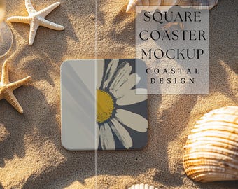 Square Coaster Mockup | Coastal Design Mockup |  Ocean Inspired Design | Customizable Coaster Design | Coastal Decor | 300 DPI HQ PNG Mockup